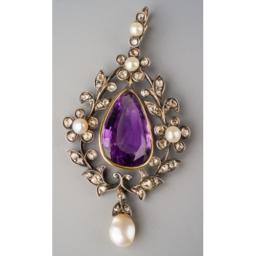 An Edwardian amethyst, pearl and diamond pendant, set with a pear shape amethyst, rose cut diamond accents and bouton pearls, suspending a pearl drop, pearl untested, length 60mms, gross weight 8.99 grams, pendant with antique case