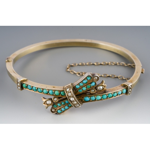 637 - Russian silver bangle set with seed pearls and turquoise in original retailers box.  Gross weight 14... 