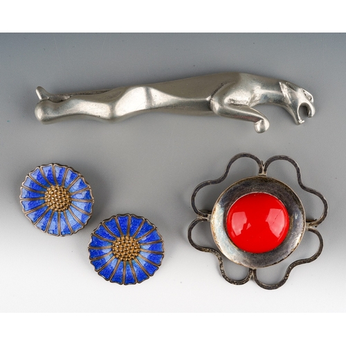 640 - Anton Michelsen AM Denmark, silver and blue enamel daisy clip earrings, silver brooch with red resin... 