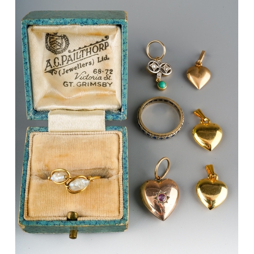 641 - Collection of gold items, 9 ct gold and seadpearl ring, yellow metal and diamond pendant, yellow met... 