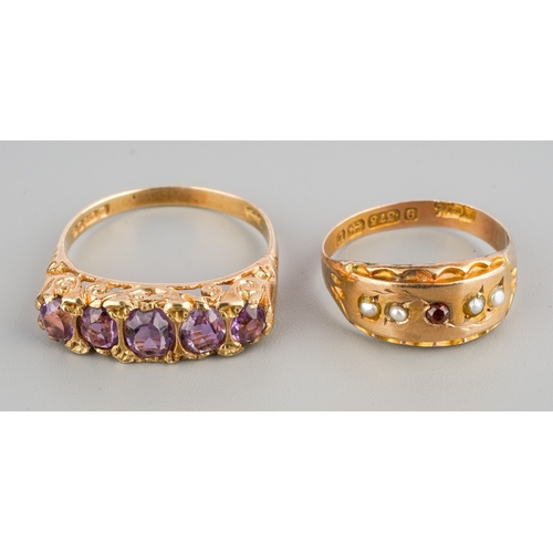 643 - Two 9ct gold gem set rings, to include a late Victorian garnet and seed pearl ring, hallmarked 9ct g... 