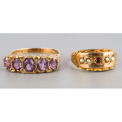 643 - Two 9ct gold gem set rings, to include a late Victorian garnet and seed pearl ring, hallmarked 9ct g... 