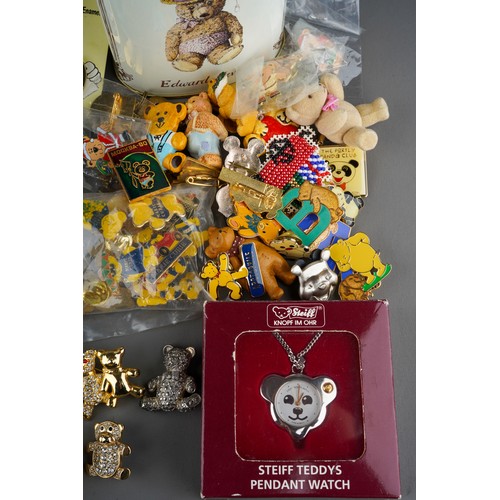 644 - Collection of costume jewellery to include Steiff pendant watch, bear pins and brooches, Rupert badg... 