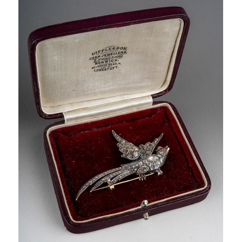 645 - Georgian rose cut diamond brooch in the form of an exotic bird. Gold back, with silver settings.