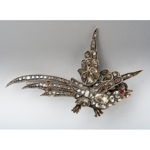 645 - Georgian rose cut diamond brooch in the form of an exotic bird. Gold back, with silver settings.