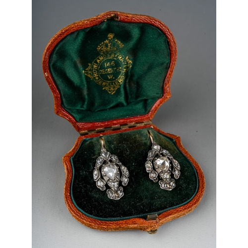 646 - Case pair of Georgian rose cut diamond pendant earrings. Large centre stones. The earrings measure 2... 