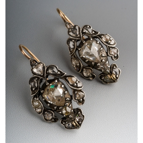 646 - Case pair of Georgian rose cut diamond pendant earrings. Large centre stones. The earrings measure 2... 