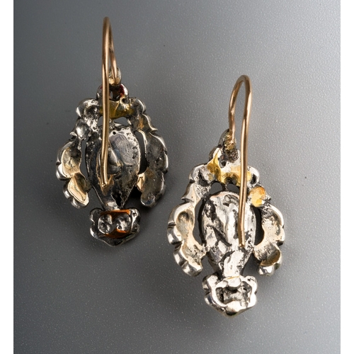 646 - Case pair of Georgian rose cut diamond pendant earrings. Large centre stones. The earrings measure 2... 