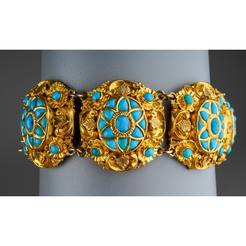 647 - Antique Turkish Turquoise set high carat gold panel bracelet. Gross weight 49.5 grams