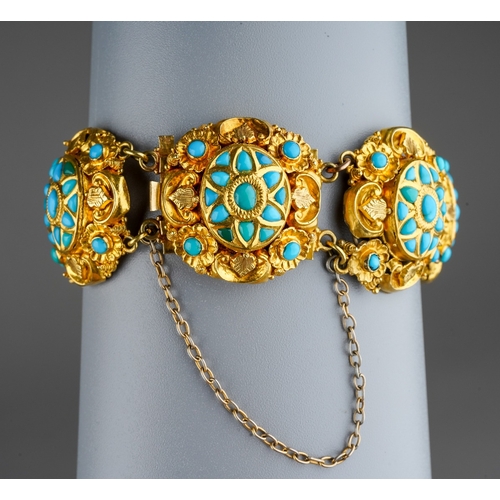 647 - Antique Turkish Turquoise set high carat gold panel bracelet. Gross weight 49.5 grams