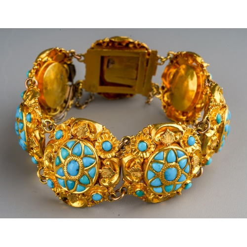 647 - Antique Turkish Turquoise set high carat gold panel bracelet. Gross weight 49.5 grams