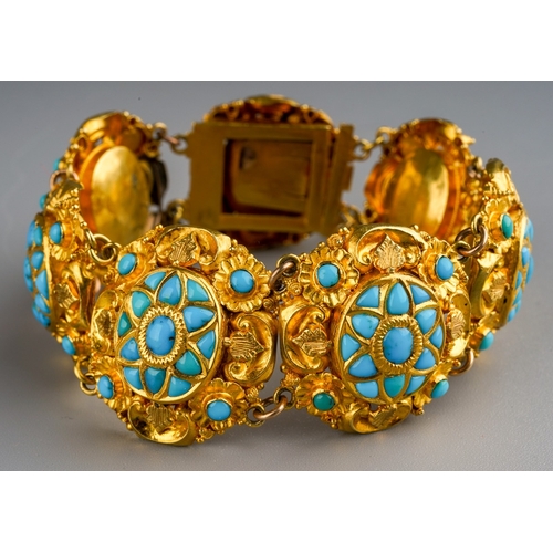 647 - Antique Turkish Turquoise set high carat gold panel bracelet. Gross weight 49.5 grams