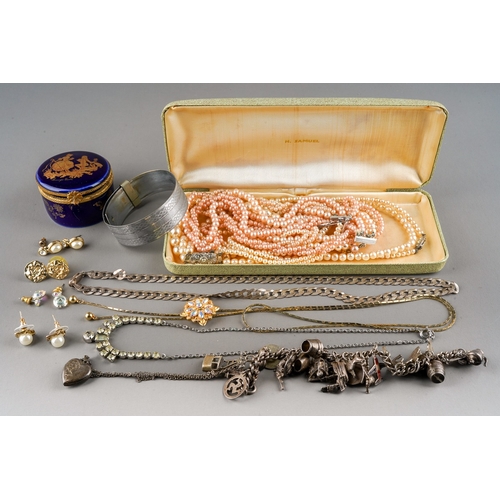 679 - Collection of costume jewellery to include Limoges box, pearls, silver chain and charm bracelet, ear... 