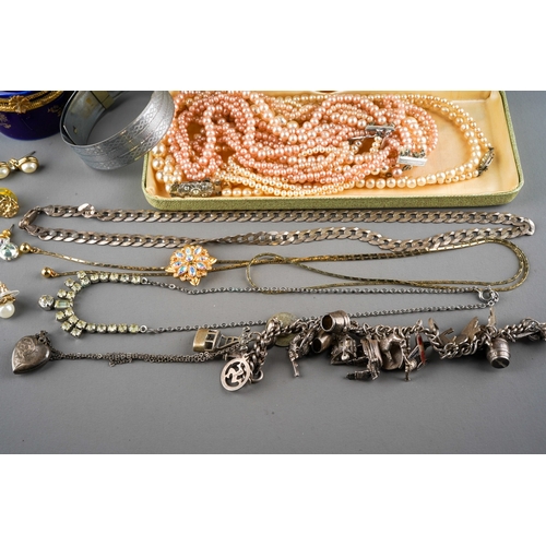 679 - Collection of costume jewellery to include Limoges box, pearls, silver chain and charm bracelet, ear... 