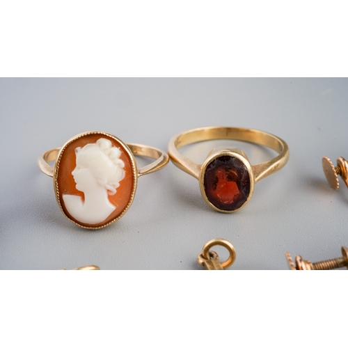 684 - Collection of jewellery to include 9 ct gold and cameo set ring, pendant and earings, 9 ct gold ring... 