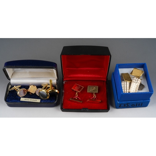 689 - Collection of cufflinks to include gold gilt stone set pairs, a pair of 9ct gold and silver by H G &... 