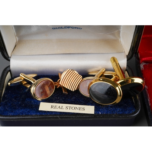 689 - Collection of cufflinks to include gold gilt stone set pairs, a pair of 9ct gold and silver by H G &... 