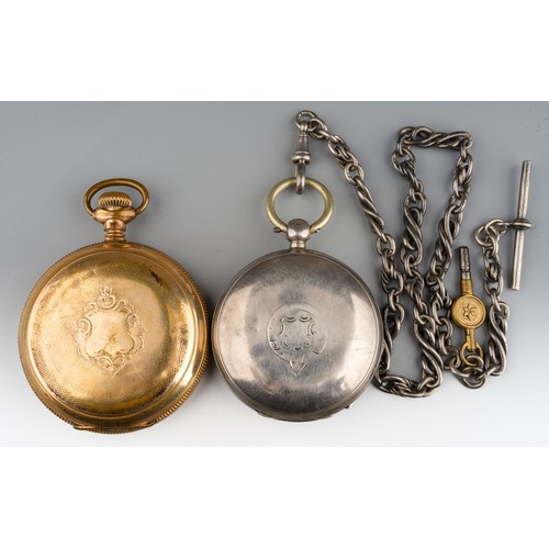 779 - Silver hallmarked pocket watch and key,  silver T-bar albert chain and gold plated Waltham pocket wa... 