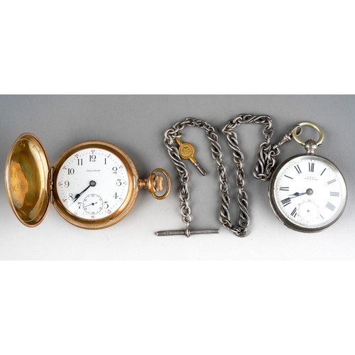 779 - Silver hallmarked pocket watch and key,  silver T-bar albert chain and gold plated Waltham pocket wa... 