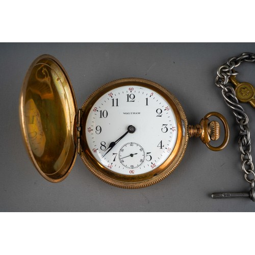 779 - Silver hallmarked pocket watch and key,  silver T-bar albert chain and gold plated Waltham pocket wa... 