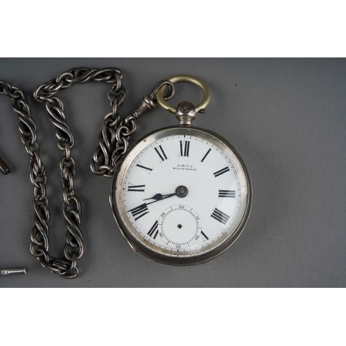 779 - Silver hallmarked pocket watch and key,  silver T-bar albert chain and gold plated Waltham pocket wa... 