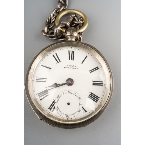 779 - Silver hallmarked pocket watch and key,  silver T-bar albert chain and gold plated Waltham pocket wa... 