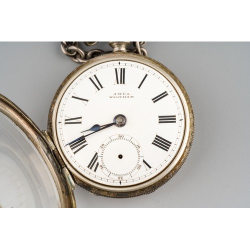 779 - Silver hallmarked pocket watch and key,  silver T-bar albert chain and gold plated Waltham pocket wa... 