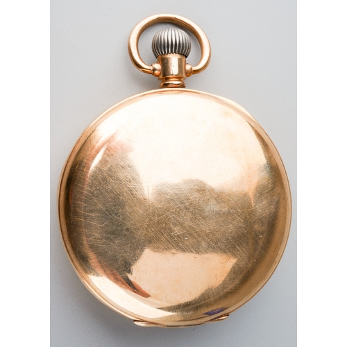 787 - An early 20th century 9ct gold half hunter pocket watch. The white enamel dial with black Roman nume... 