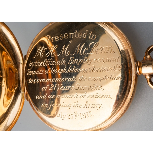 787 - An early 20th century 9ct gold half hunter pocket watch. The white enamel dial with black Roman nume... 