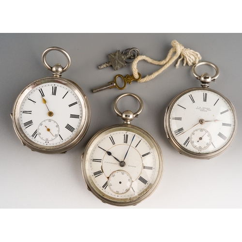 808 - Three silver cased open faced key wind pocket watches, enamel dials with Roman numerals, one stamped... 