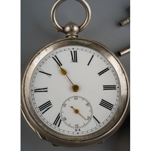 808 - Three silver cased open faced key wind pocket watches, enamel dials with Roman numerals, one stamped... 