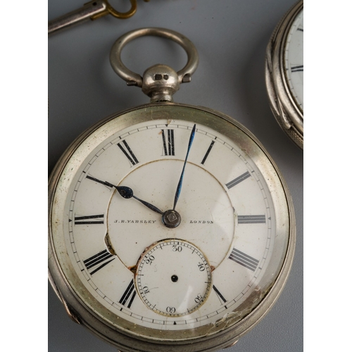 808 - Three silver cased open faced key wind pocket watches, enamel dials with Roman numerals, one stamped... 