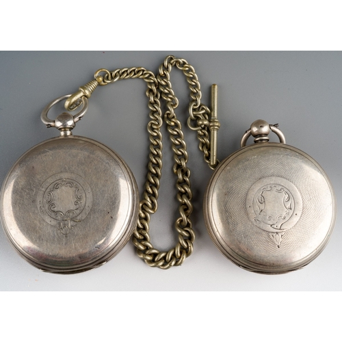 809 - Two silver cased open faced key wind pocket watches, both with Roman numerals and subsidiary seconds... 