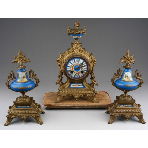 882 - A French 19th Century Sevres style gilt metal & porcelain clock garniture on giltwood stand, the clo... 