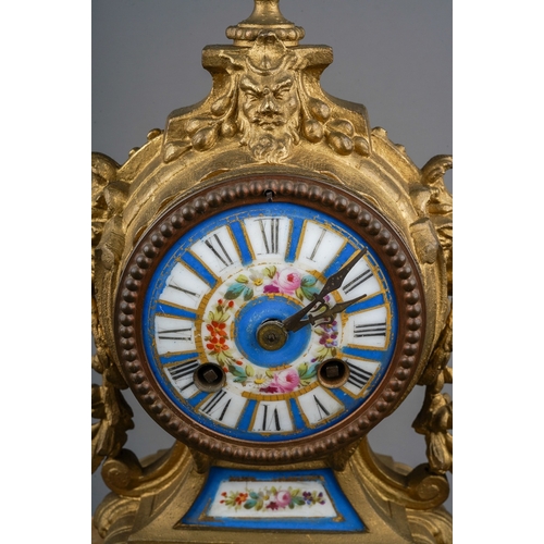 882 - A French 19th Century Sevres style gilt metal & porcelain clock garniture on giltwood stand, the clo... 