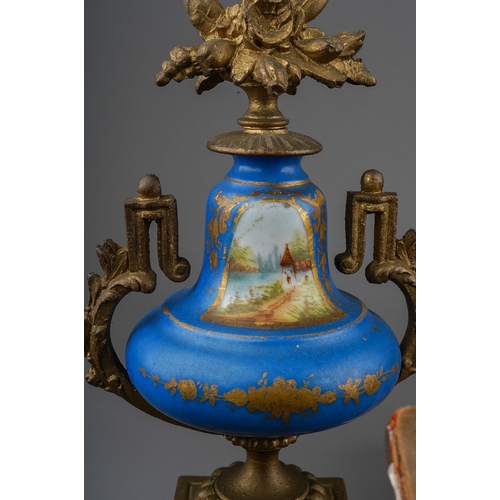 882 - A French 19th Century Sevres style gilt metal & porcelain clock garniture on giltwood stand, the clo... 