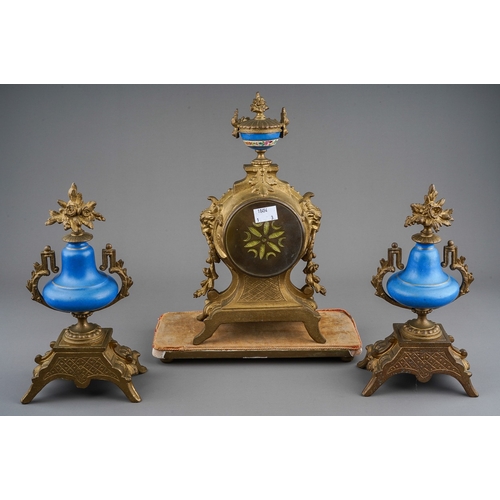 882 - A French 19th Century Sevres style gilt metal & porcelain clock garniture on giltwood stand, the clo... 