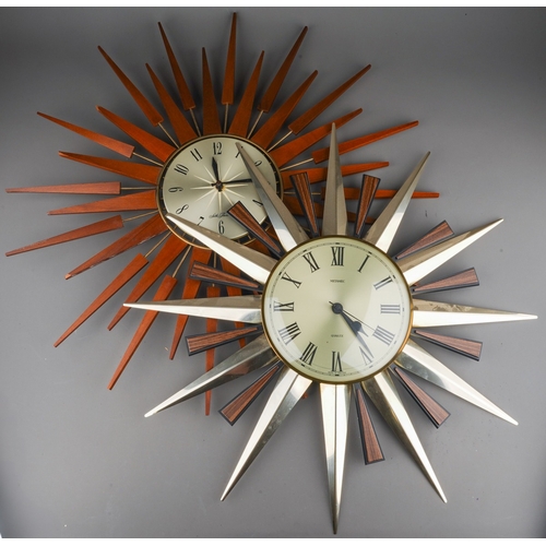 885 - A Seth Thomas of Scotland teak and metal quartz sunburst wall clock, with Arabic numerals, width 66c... 