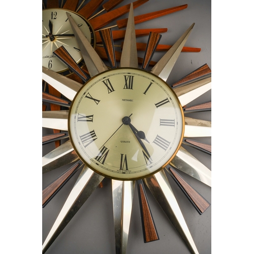 885 - A Seth Thomas of Scotland teak and metal quartz sunburst wall clock, with Arabic numerals, width 66c... 