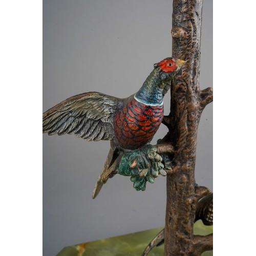 895 - A cold painted bronze lamp base cast as two pheasants in a tree, mounted on a rectangular green onyx... 