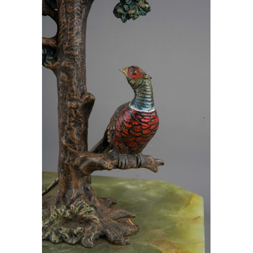 895 - A cold painted bronze lamp base cast as two pheasants in a tree, mounted on a rectangular green onyx... 