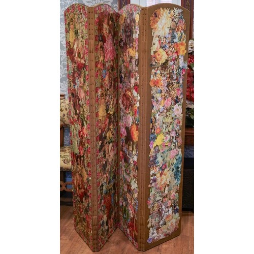 947 - A Victorian four fold decoupage decorated screen, only front side covered, height 167.5cm x length 1... 