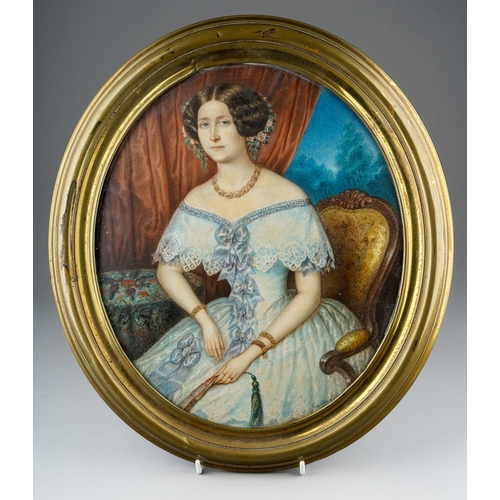 975 - Continental School (19th Century)
Portrait of a seated lady in blue dress holding a fan
watercolour,... 