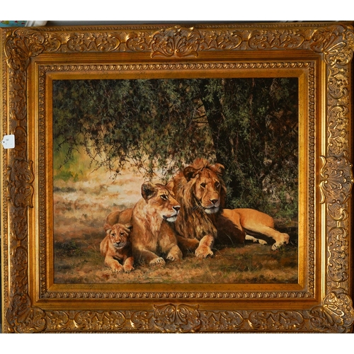 976 - Stephen Park (British, b. 1953)
Lion family shading with a cub
oil on canvas, 49.65 x 60cm
signed lo... 