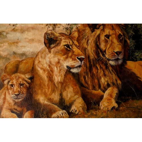 976 - Stephen Park (British, b. 1953)
Lion family shading with a cub
oil on canvas, 49.65 x 60cm
signed lo... 