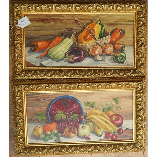 979 - Margaret K Rhodes (20th Century)
Still life with vegetables or fruit
oil on board, a pair, 19 x 39cm... 