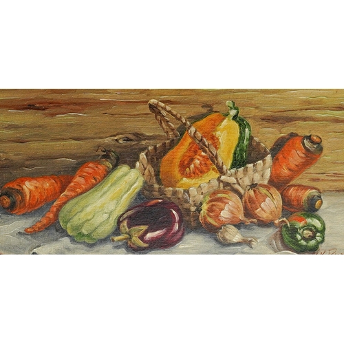 979 - Margaret K Rhodes (20th Century)
Still life with vegetables or fruit
oil on board, a pair, 19 x 39cm... 