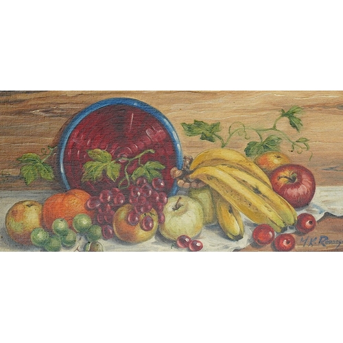 979 - Margaret K Rhodes (20th Century)
Still life with vegetables or fruit
oil on board, a pair, 19 x 39cm... 