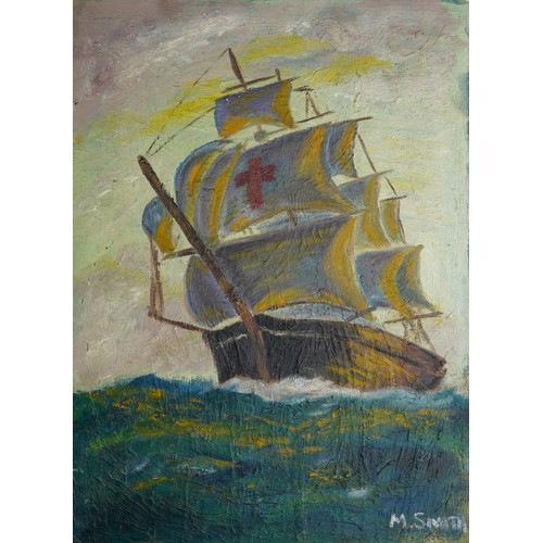 983 - M Smith (20th Century), three mast ship at sea, oil on board, 40 x 30cm, signed lower right, framed