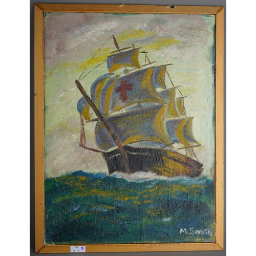 983 - M Smith (20th Century), three mast ship at sea, oil on board, 40 x 30cm, signed lower right, framed